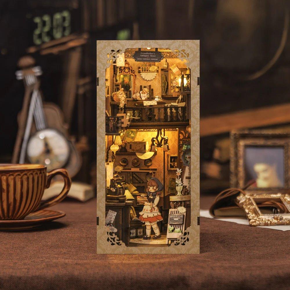 Grandfather’s Antique Store DIY Book Nook Kit, Bookshelf Insert Decor Diorama, 3D Wooden Puzzle Book end, Miniature Book Stand