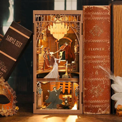 A The Phantom of The Opera inspired DIY Book Nook Kit, A charming miniature 3d wooden puzzles relives the charm of this classic tale with authentic miniature scenes., perfect for bookshelf decor, and dollhouse collectors, or a gift for Phantom of The Opera fans.