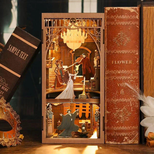 A The Phantom of The Opera inspired DIY Book Nook Kit, A charming miniature 3d wooden puzzles relives the charm of this classic tale with authentic miniature scenes., perfect for bookshelf decor, and dollhouse collectors, or a gift for Phantom of The Opera fans.