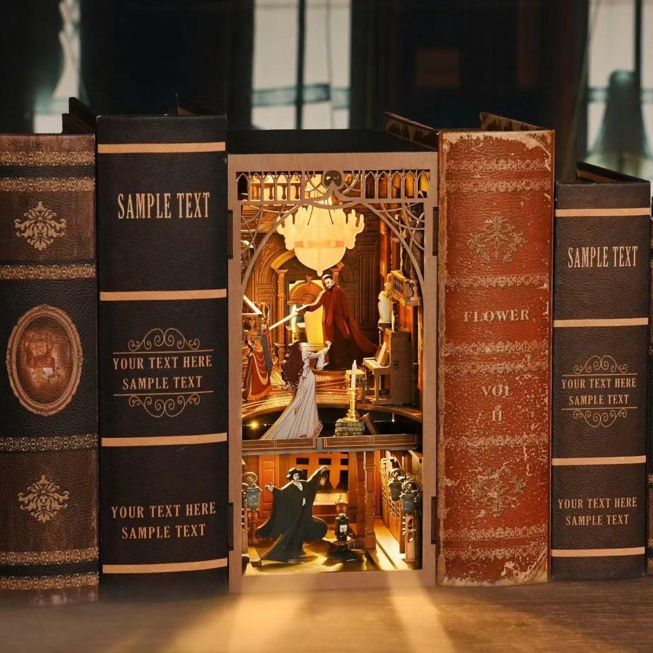 A The Phantom of The Opera inspired DIY Book Nook Kit, A charming miniature 3d wooden puzzles relives the charm of this classic tale with authentic miniature scenes., perfect for bookshelf decor, and dollhouse collectors, or a gift for Phantom of The Opera fans.