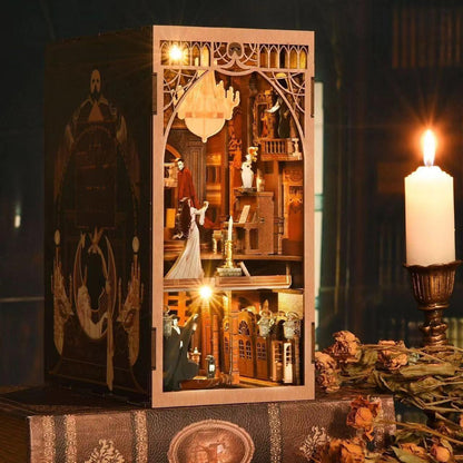 A The Phantom of The Opera inspired DIY Book Nook Kit, A charming miniature 3d wooden puzzles relives the charm of this classic tale with authentic miniature scenes., perfect for bookshelf decor, and dollhouse collectors, or a gift for Phantom of The Opera fans.