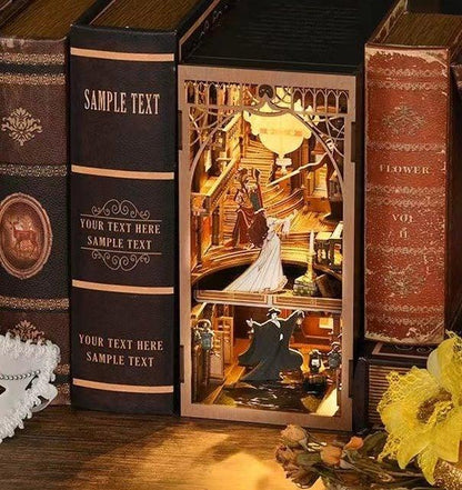 A The Phantom of The Opera inspired DIY Book Nook Kit, A charming miniature 3d wooden puzzles relives the charm of this classic tale with authentic miniature scenes., perfect for bookshelf decor, and dollhouse collectors, or a gift for Phantom of The Opera fans.