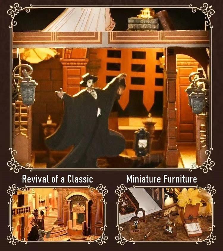 A The Phantom of The Opera inspired DIY Book Nook Kit, A charming miniature 3d wooden puzzles relives the charm of this classic tale with authentic miniature scenes., perfect for bookshelf decor, and dollhouse collectors, or a gift for Phantom of The Opera fans.