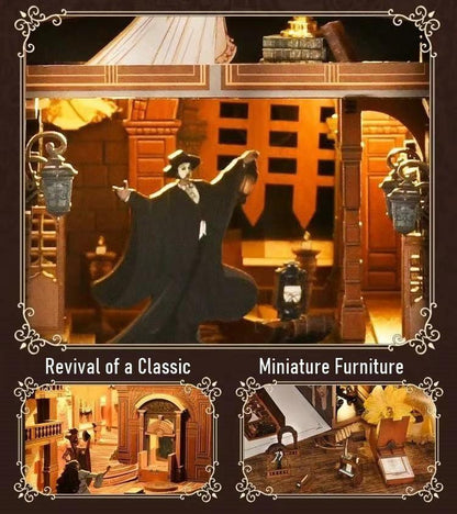 A The Phantom of The Opera inspired DIY Book Nook Kit, A charming miniature 3d wooden puzzles relives the charm of this classic tale with authentic miniature scenes., perfect for bookshelf decor, and dollhouse collectors, or a gift for Phantom of The Opera fans.