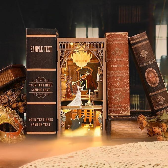 A The Phantom of The Opera inspired DIY Book Nook Kit, A charming miniature 3d wooden puzzles relives the charm of this classic tale with authentic miniature scenes., perfect for bookshelf decor, and dollhouse collectors, or a gift for Phantom of The Opera fans.