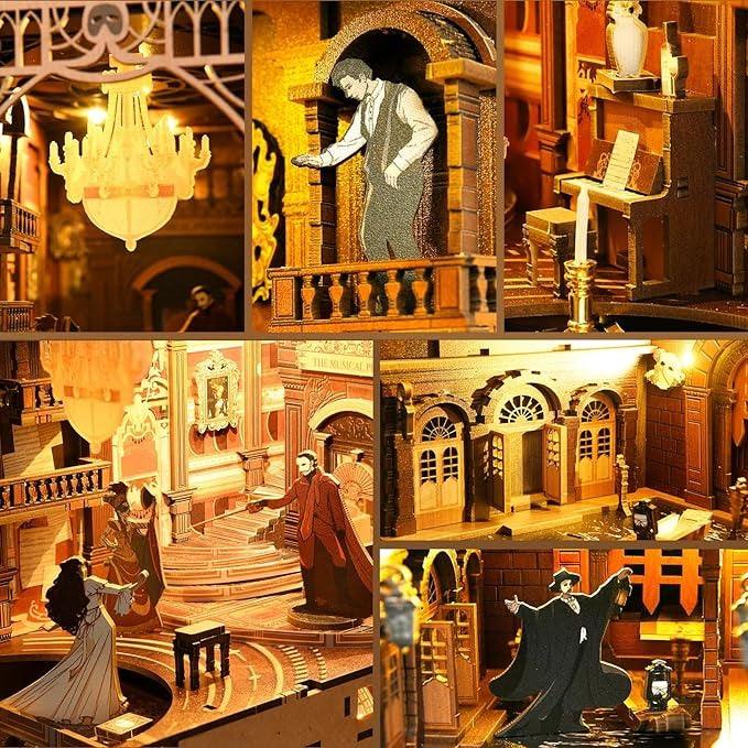 A The Phantom of The Opera inspired DIY Book Nook Kit, A charming miniature 3d wooden puzzles relives the charm of this classic tale with authentic miniature scenes., perfect for bookshelf decor, and dollhouse collectors, or a gift for Phantom of The Opera fans.