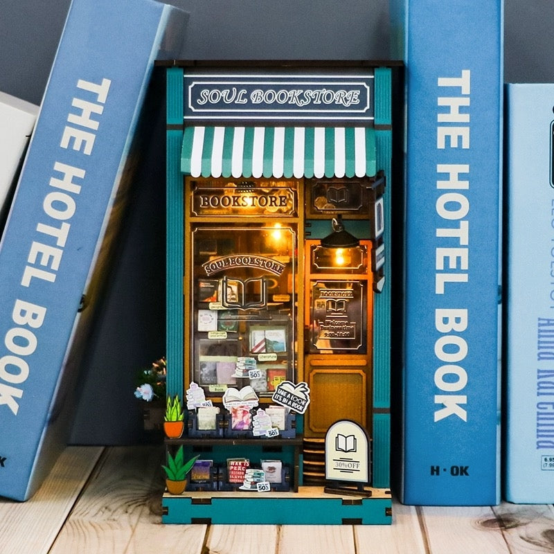 bookstore diy book nook kit - 3d wooden bookend - bookshelf insert diorama - miniature crafts
