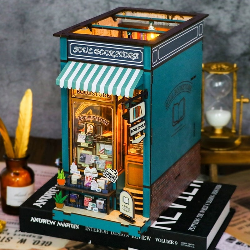 bookstore diy book nook kit - 3d wooden bookend - bookshelf insert diorama - miniature crafts