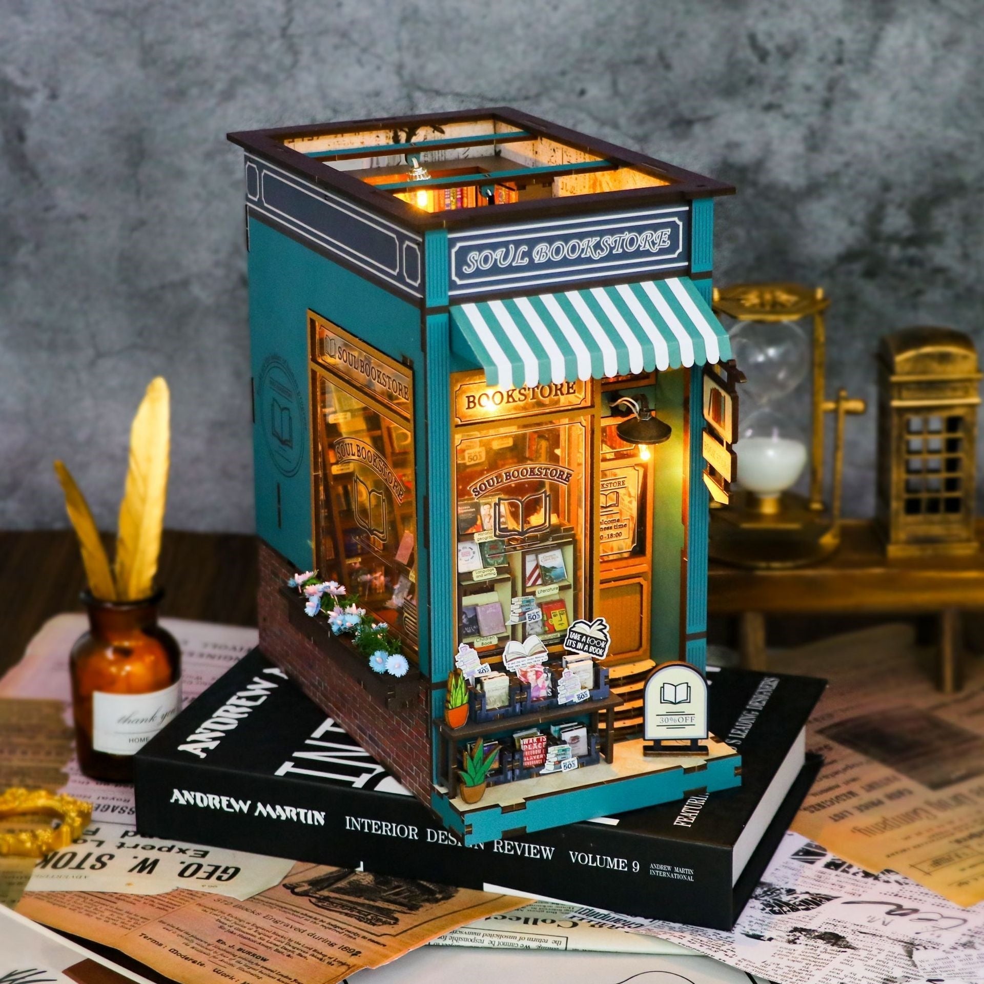 bookstore diy book nook kit - 3d wooden bookend - bookshelf insert diorama - miniature crafts