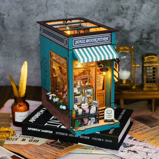 bookstore diy book nook kit - 3d wooden bookend - bookshelf insert diorama - miniature crafts